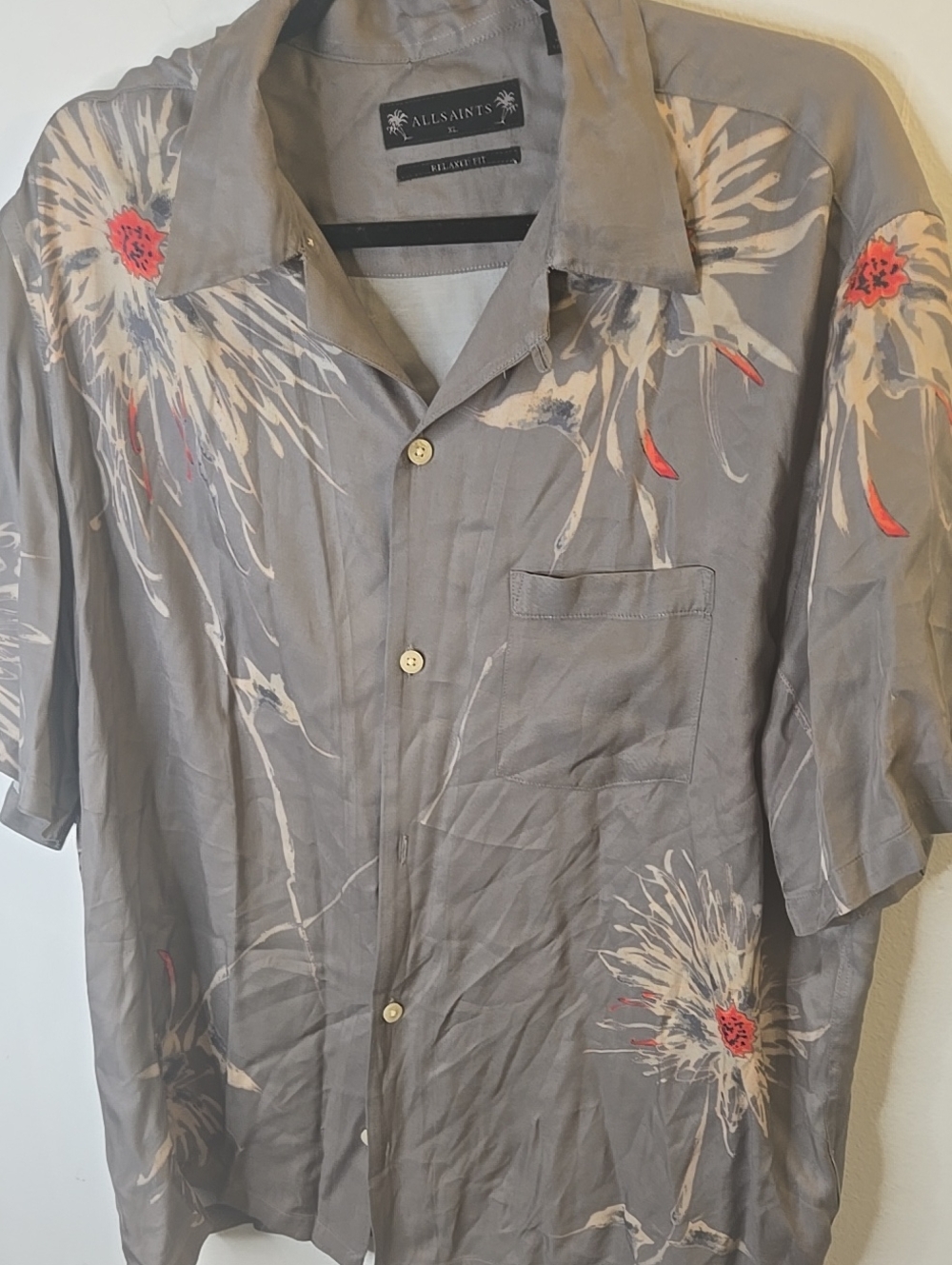 All Saints Gray Floral Short Sleeve Button-Down Shirt with Red Accents - Picture 5 of 7